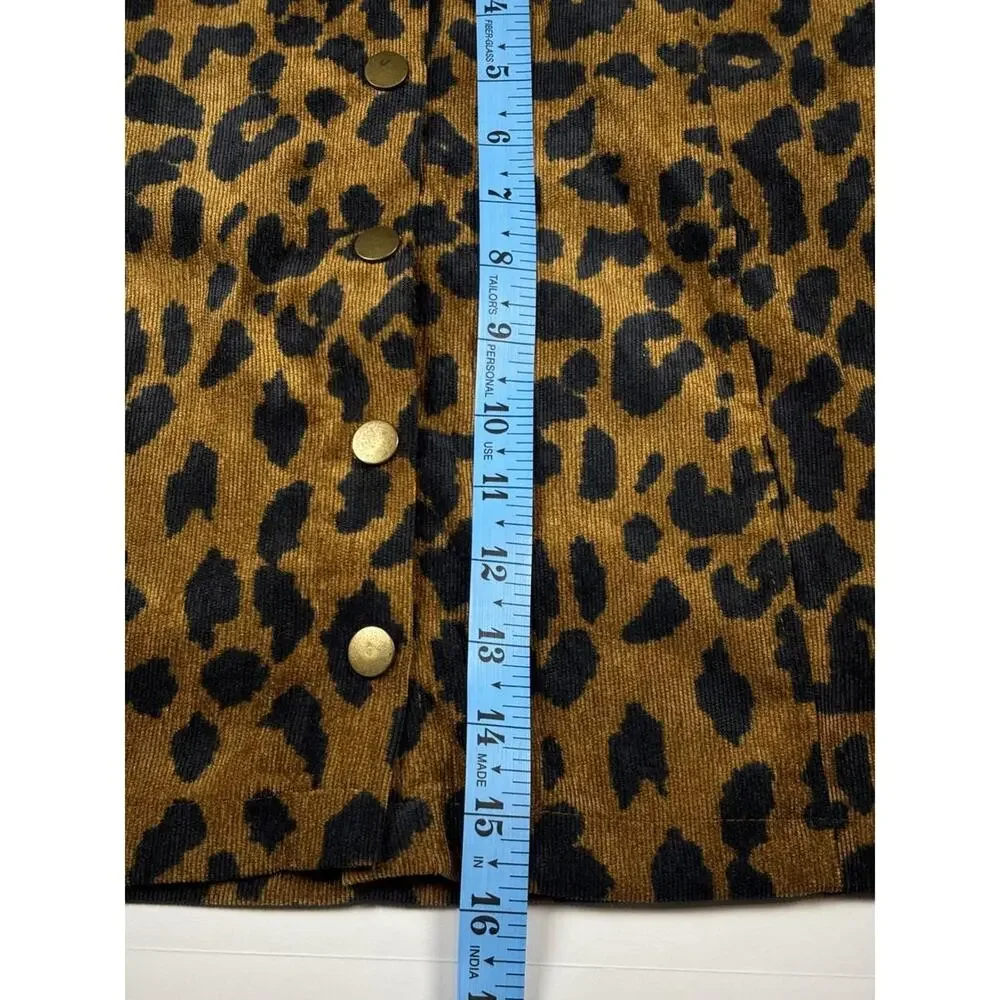 Akaiv Leopard Print Corduroy Button Front‎ Mini Skirt Brown Black Small